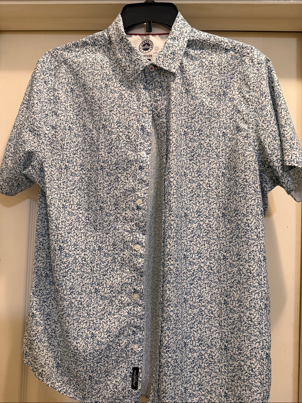 Flag & Anthem White Shirt with Blue Micro-Print Short Sleeve Button-Down